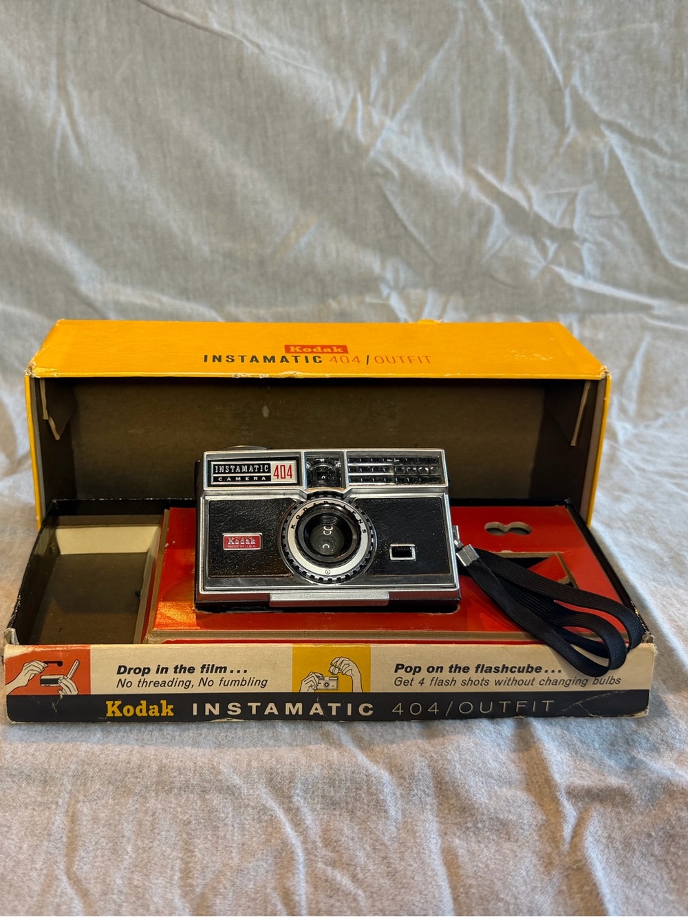Kodak Instamatic 404 Camera in Silver and Black with Yellow Box